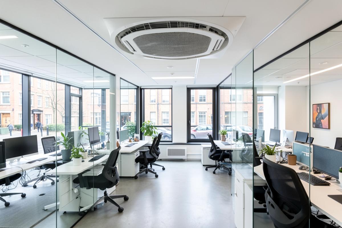 Commercial air conditioning ceiling cassette installed in a London office