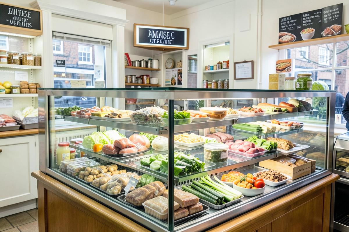 Refrigerated display counter serviced in a London shop